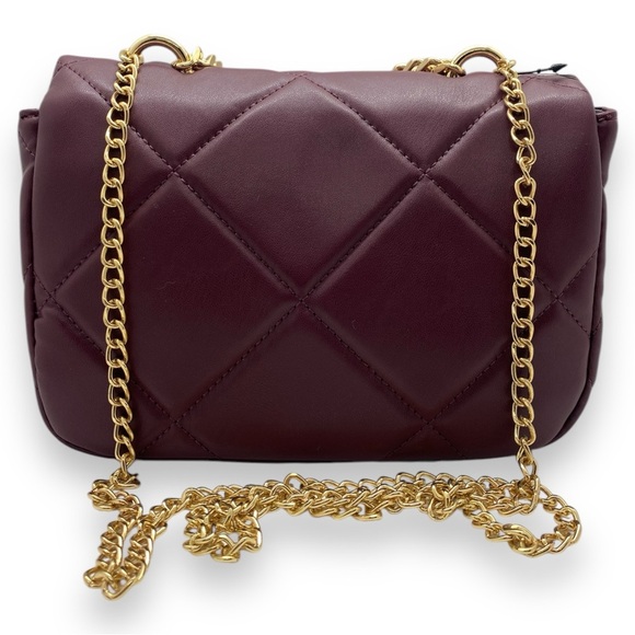 Badgley Mischka Plum Vegan Leather Quilted Flap Crossbody w. Gold Tone Logo - Picture 7 of 9